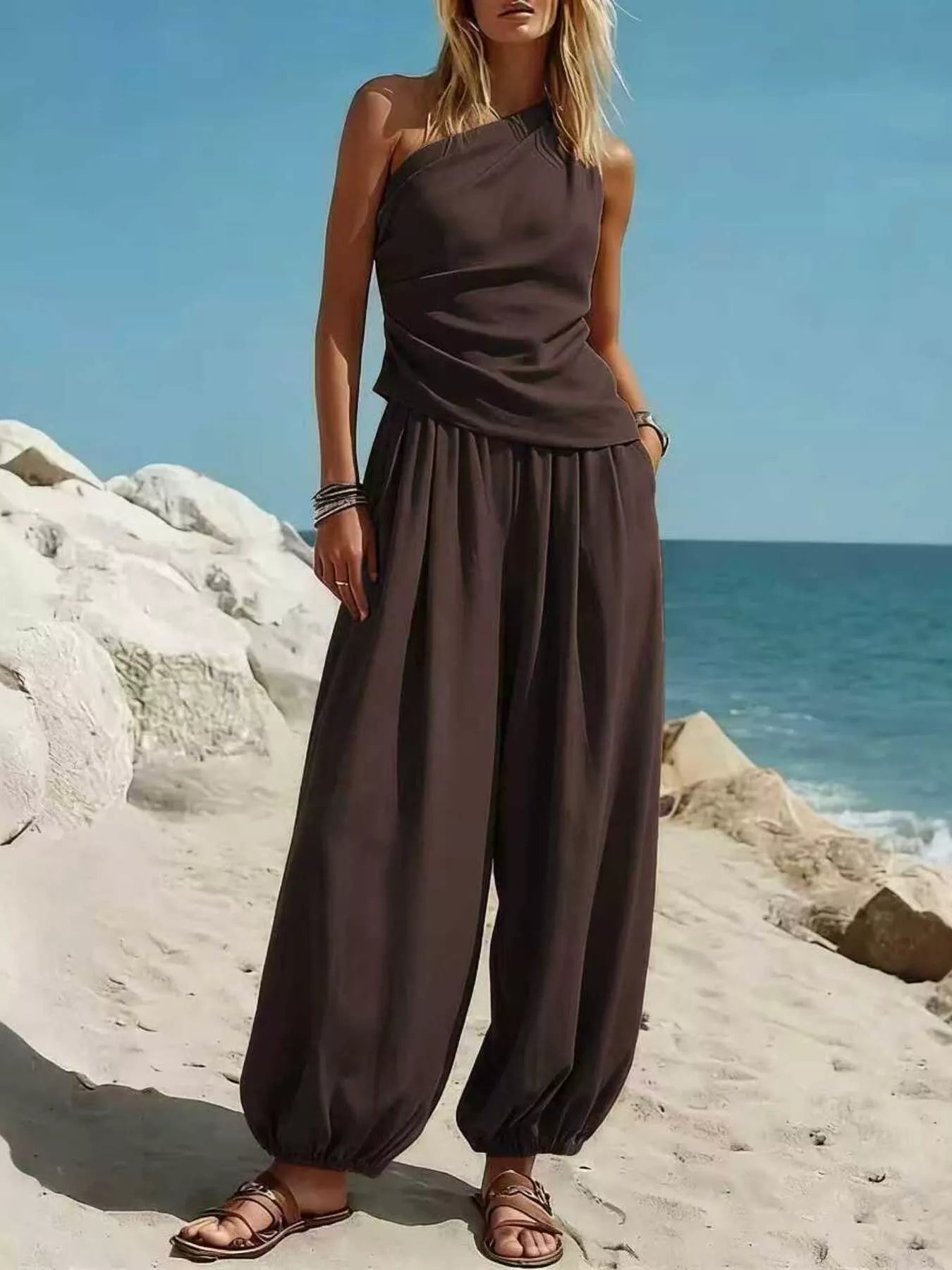 Women's Pants Set – One-Shoulder Top & Wide Leg