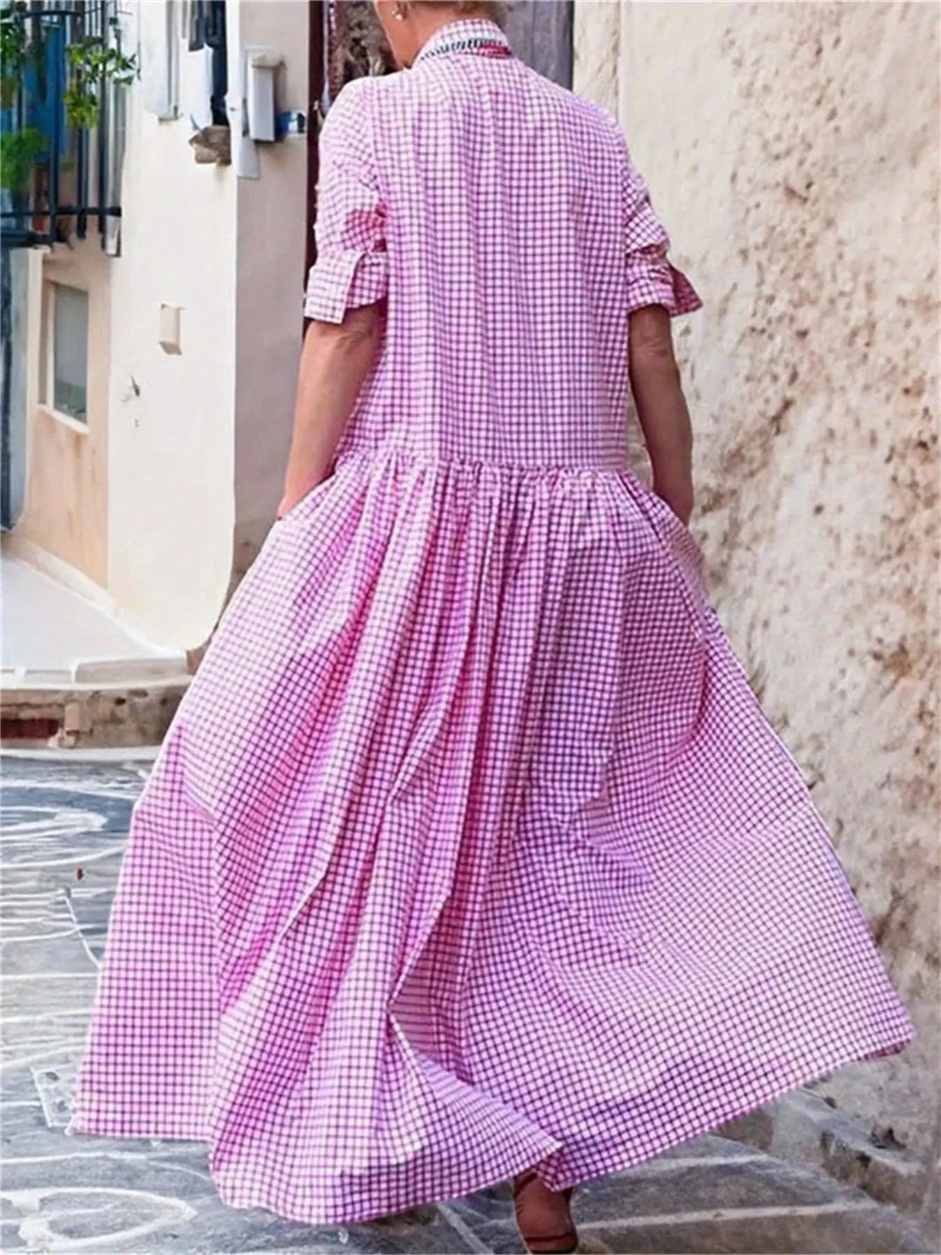 Vintage Gingham Maxi Shirt Dress Trendsi