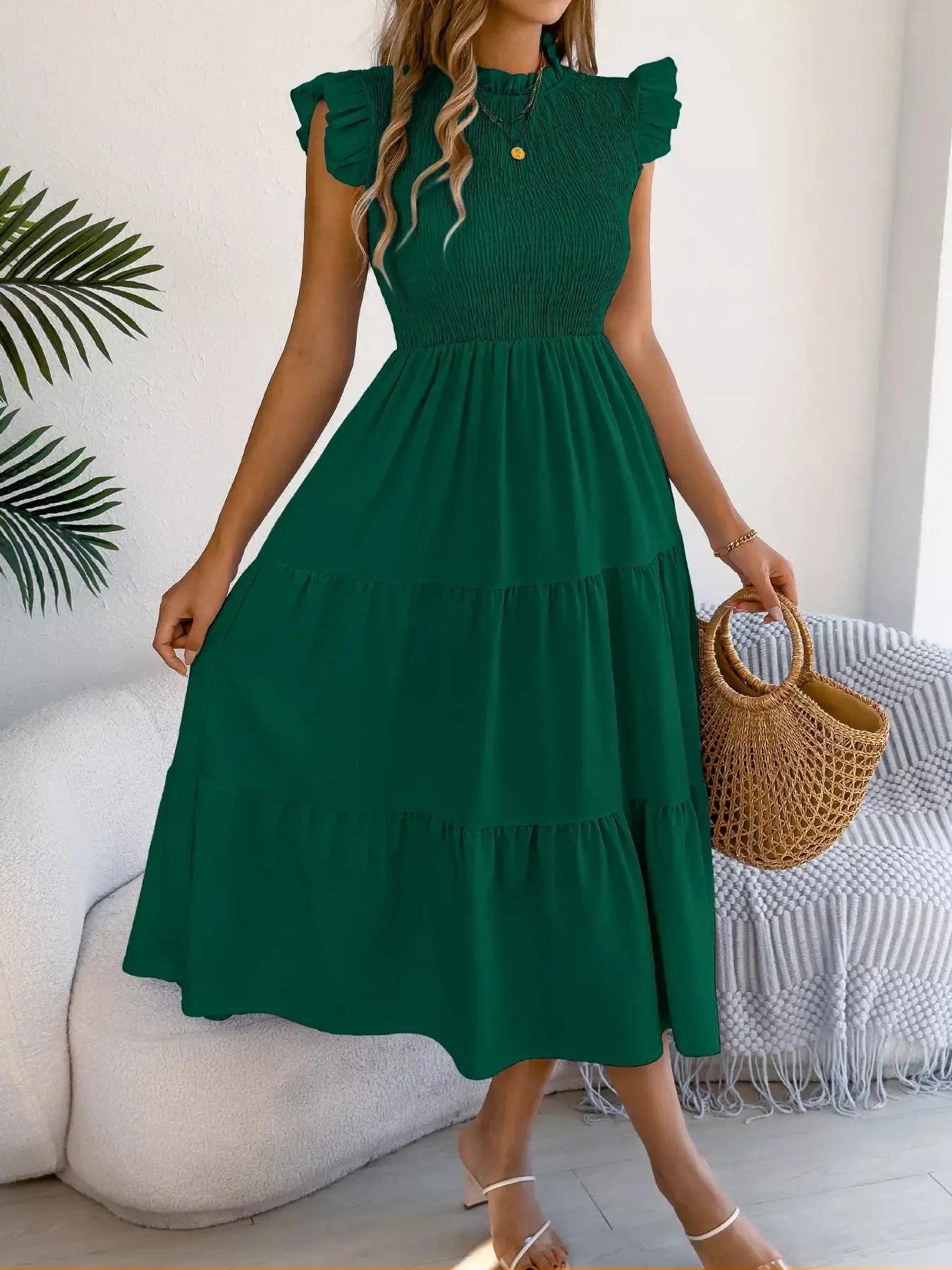 Smocked Ruffled Cap Sleeve Dress Trendsi