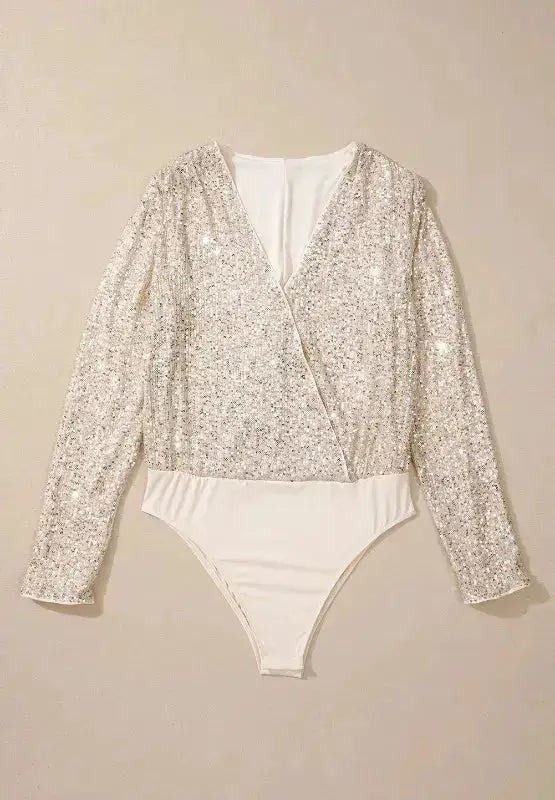 Sequin Surplice Long Sleeve Bodysuit by Parfymia