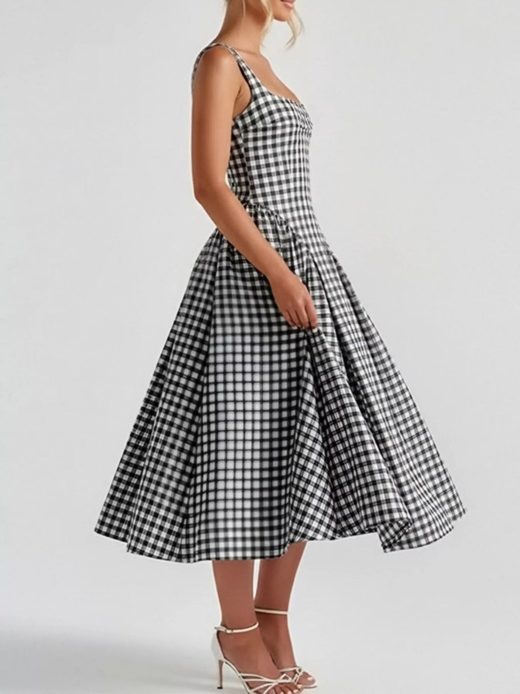 Women's Plaid Midi Dress – Square Neckline Plus Size