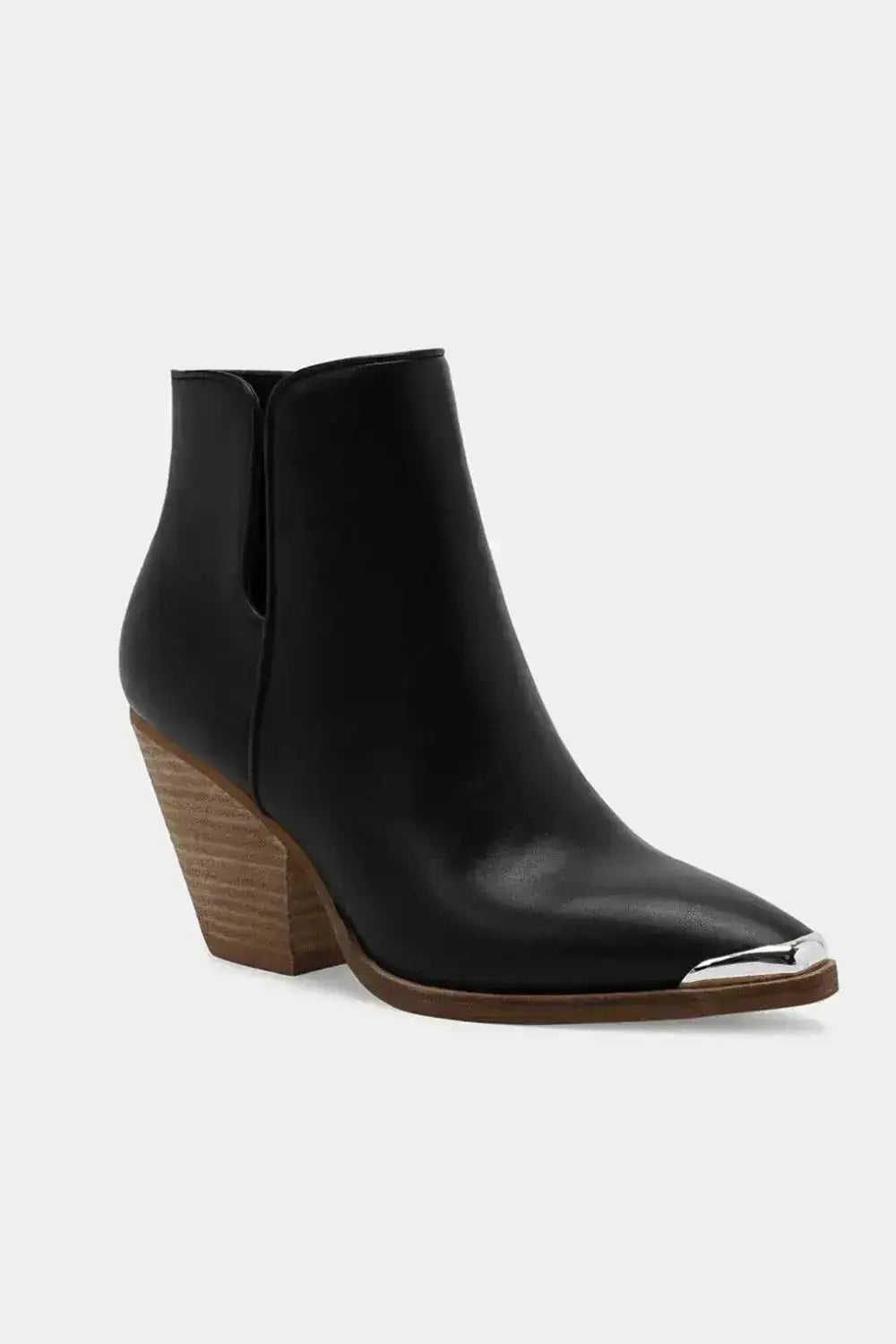 Faux Leather Pointed Toe Block Heel Ankle Boots by Parfymia