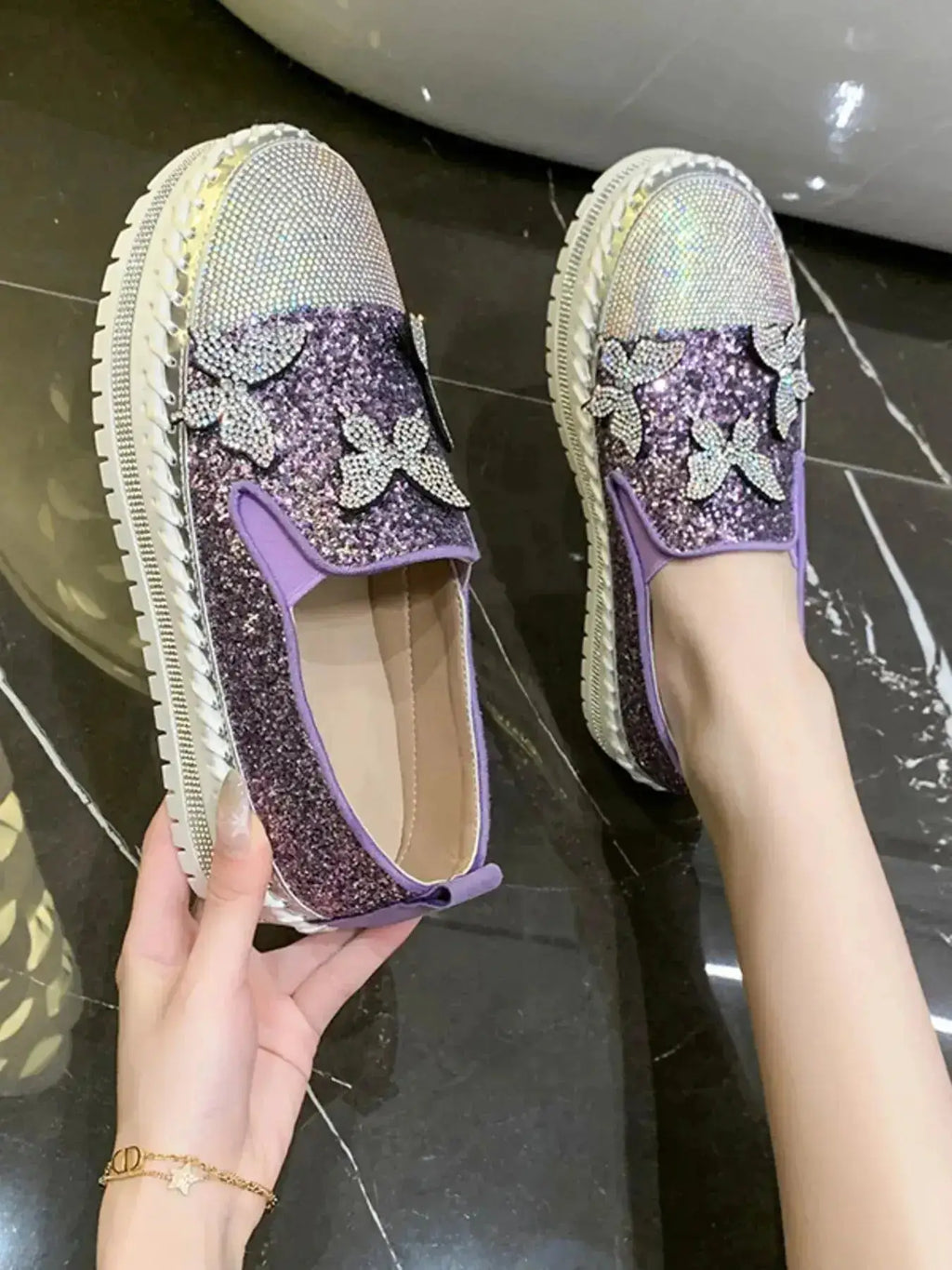 Chic Rhinestone Platform Slip-Ons in PU Leather by Parfymia