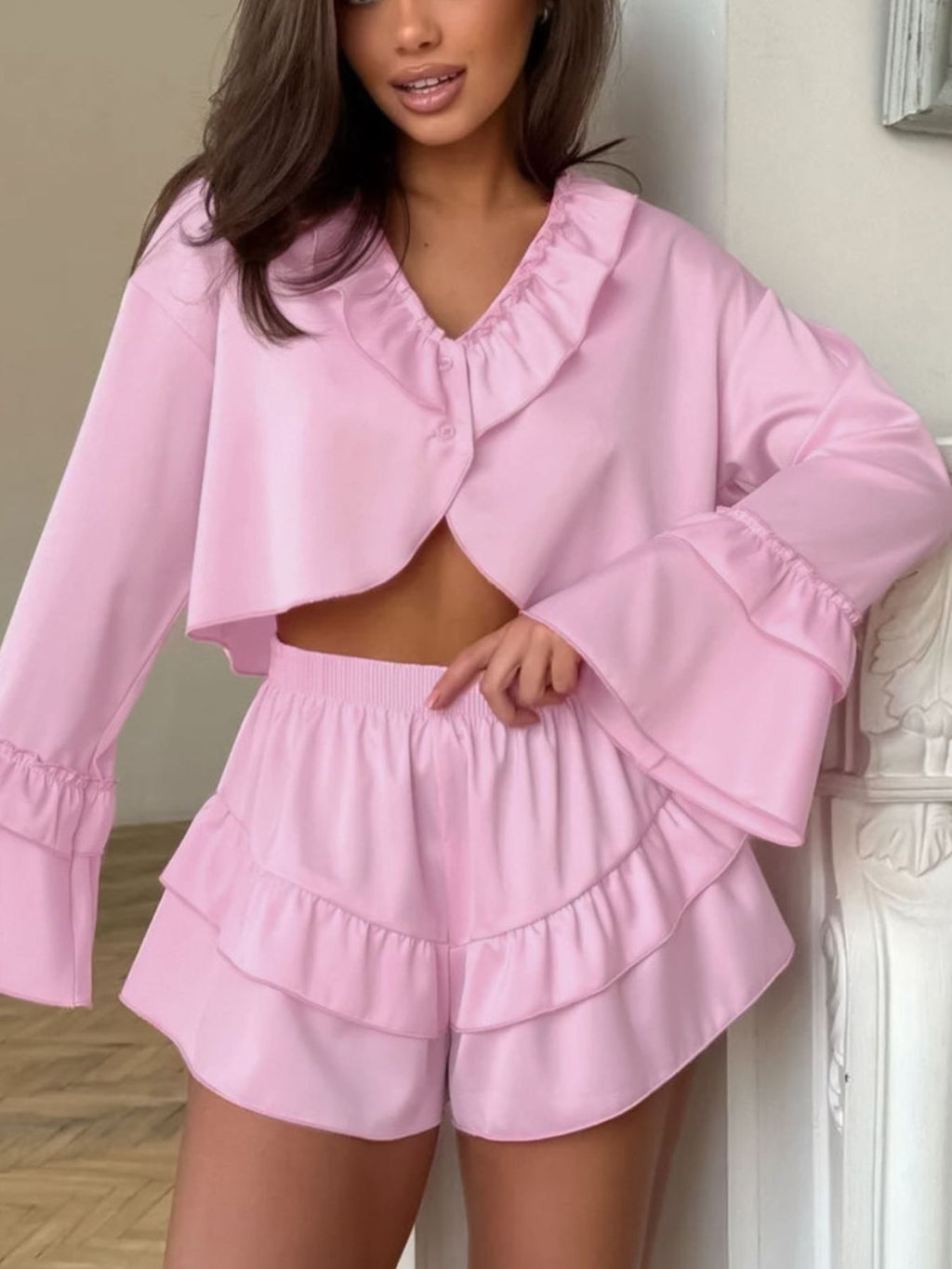 Women's Shorts Set – Ruffled V-Neck Top