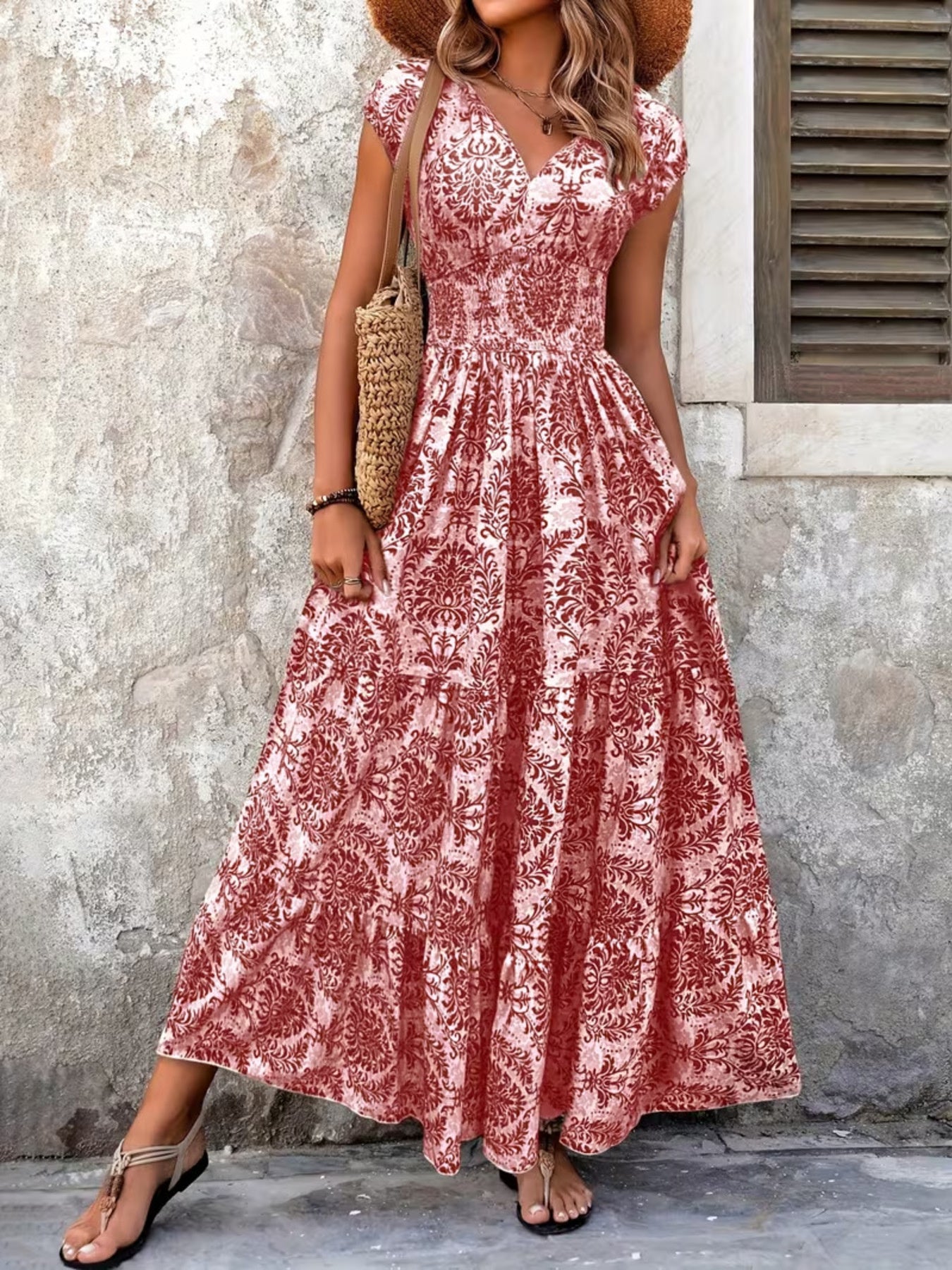 Printed Cap Sleeve Maxi Dress Trendsi