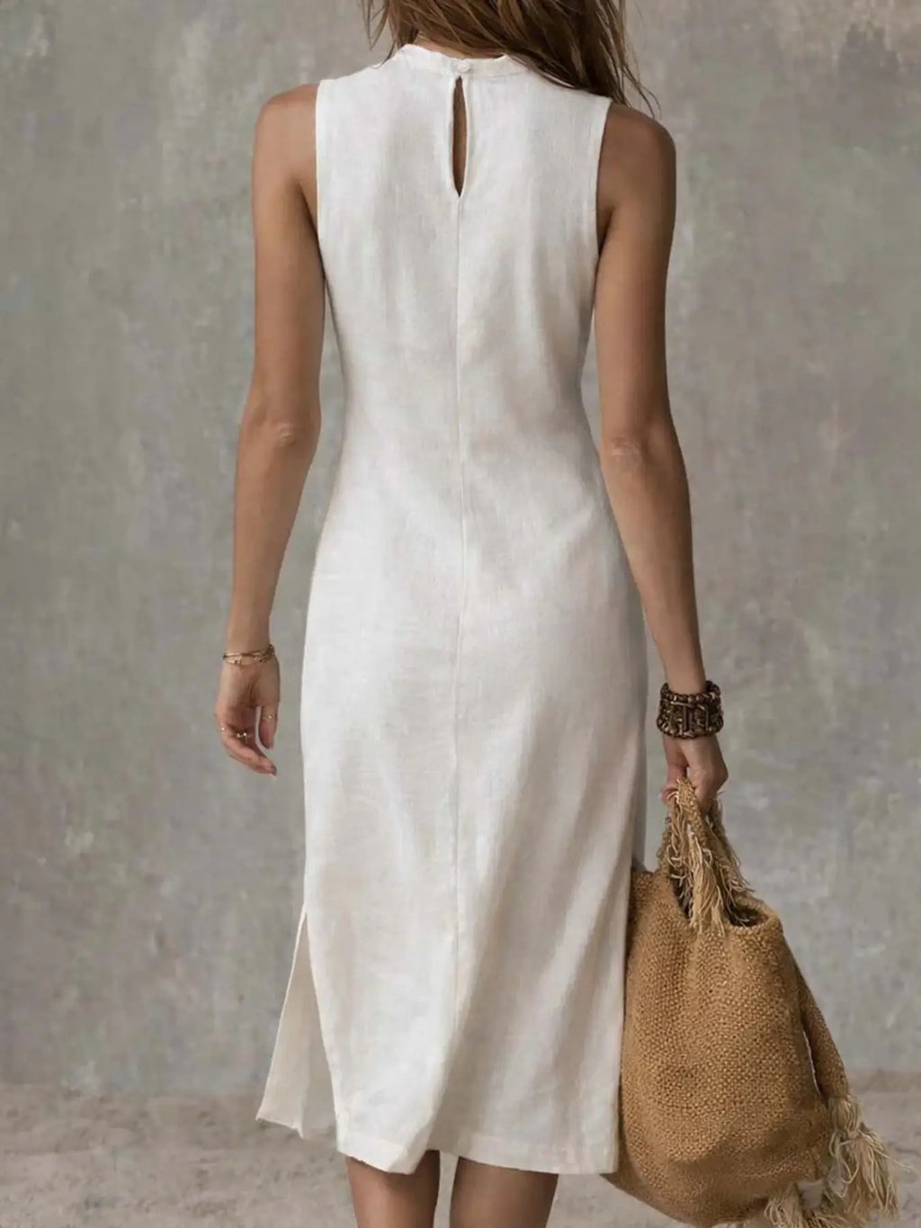 Full Size Sleeveless Mock Neck Slit Midi Dress Plus Size Trendsi