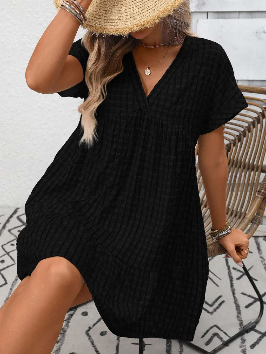 Plaid V-Neck Ruffle Hem Mini Dress Trendsi