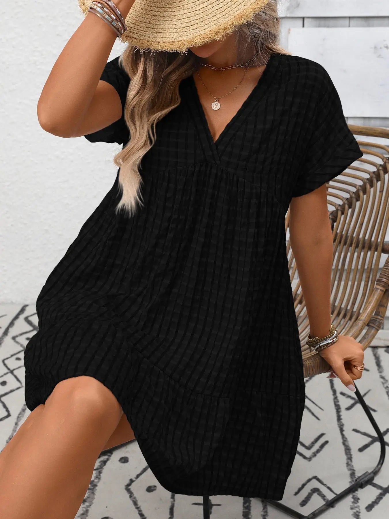 Plaid V-Neck Ruffle Hem Mini Dress Trendsi