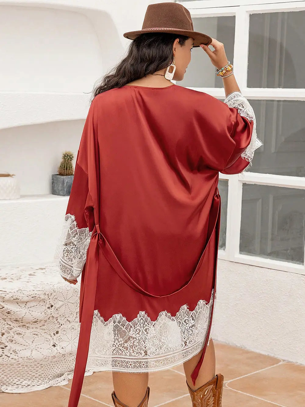 Women's Plus Size Lace Patchwork Tie Front Robe