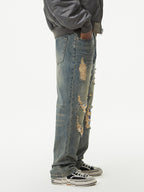 Men's Distressed Plaid Patch Wide Leg Jeans