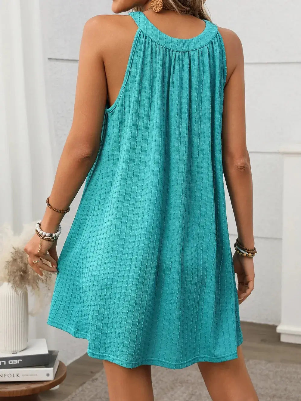 Textured Grecian Neck Mini Dress Trendsi