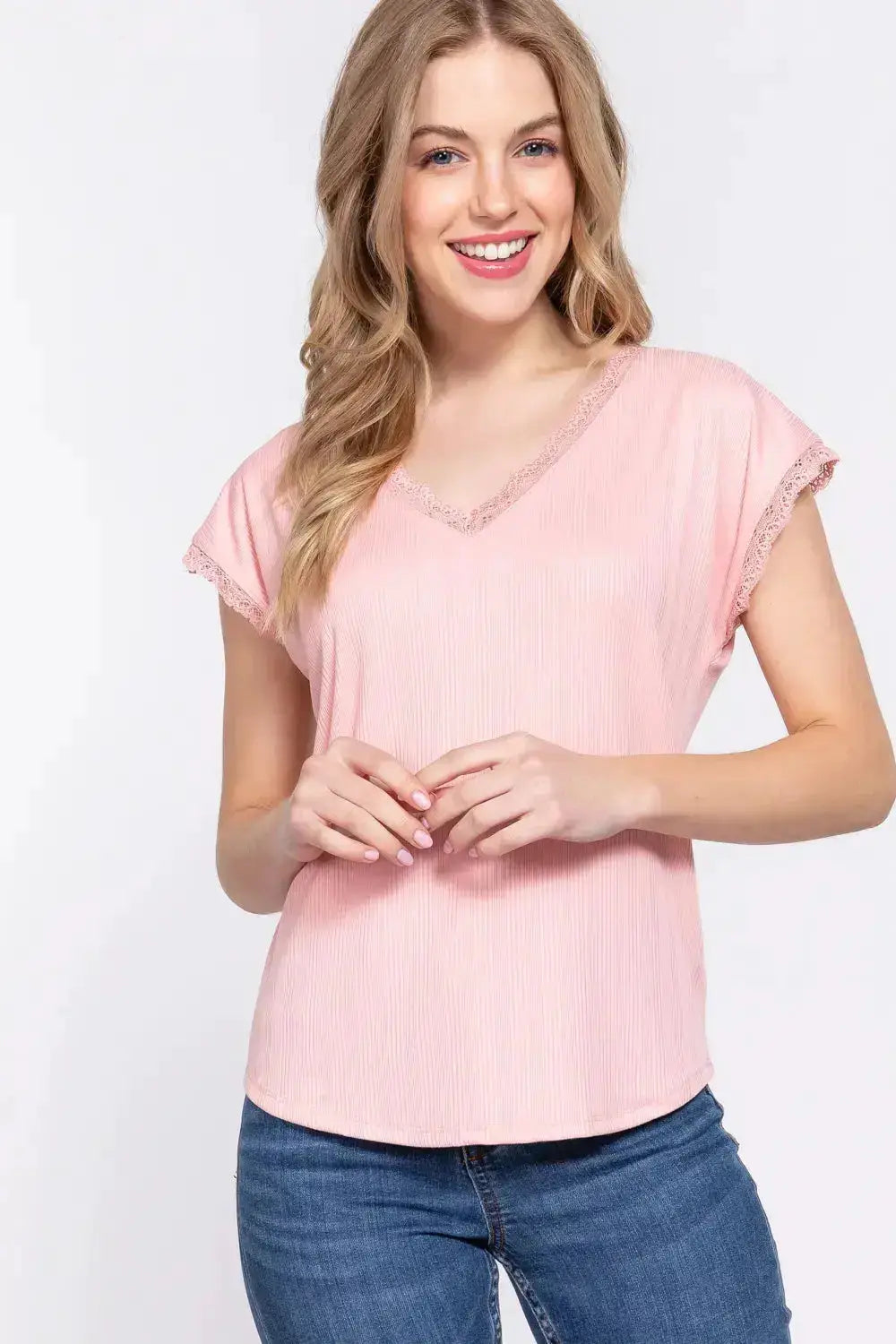 Lace Trim V-Neck Ribbed Top by ACTIVE BASIC by Parfymia