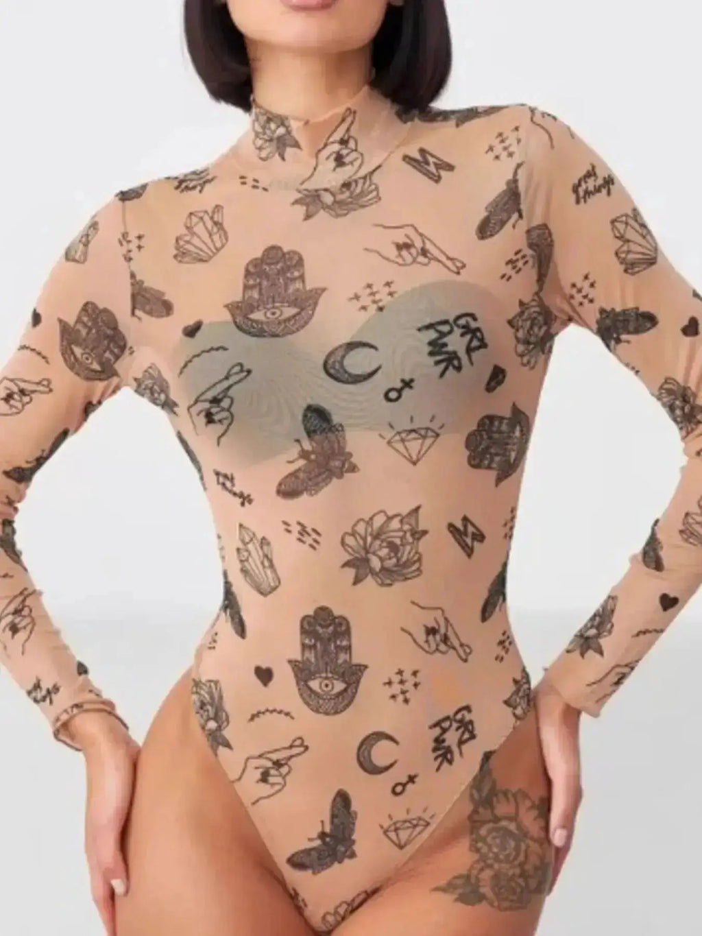 Printed Mock Neck Long Sleeve Bodysuit by Parfymia