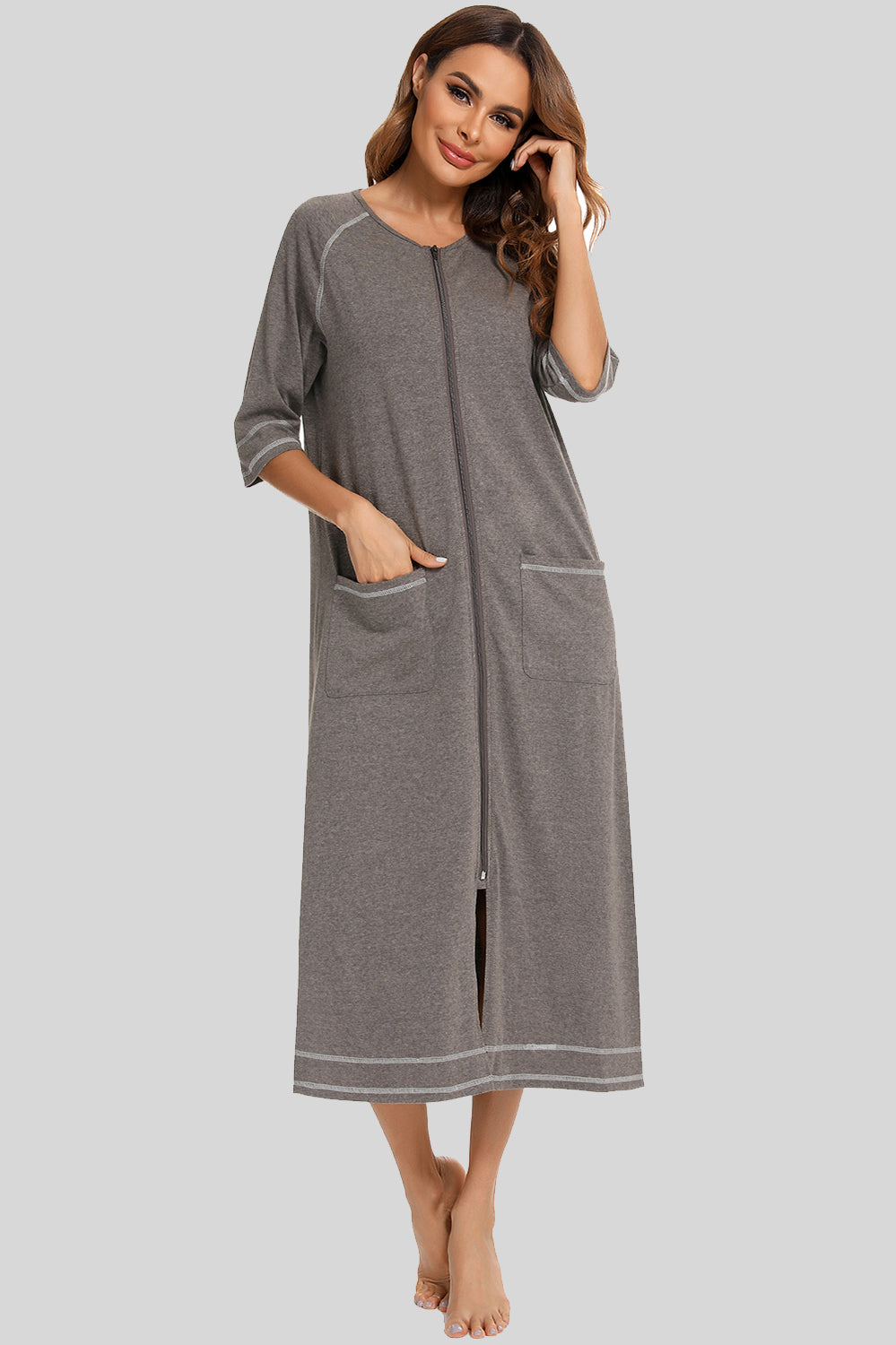 Women's Night Dress with Zip Front & Pockets