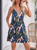 Tropical Leaf Print V-Neck Sleeveless Dress