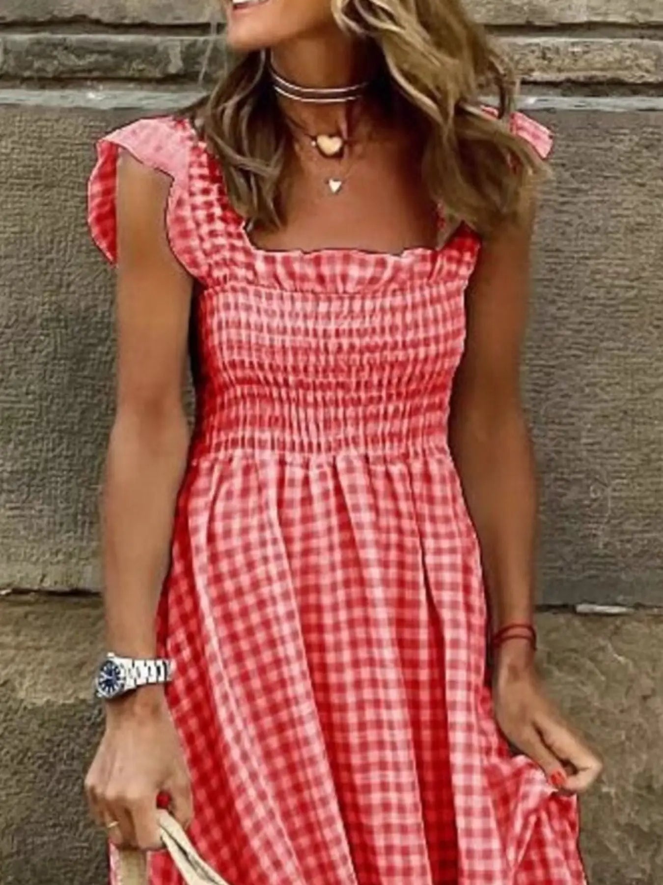 Plaid Ruffle Sleeve Maxi Dress Trendsi