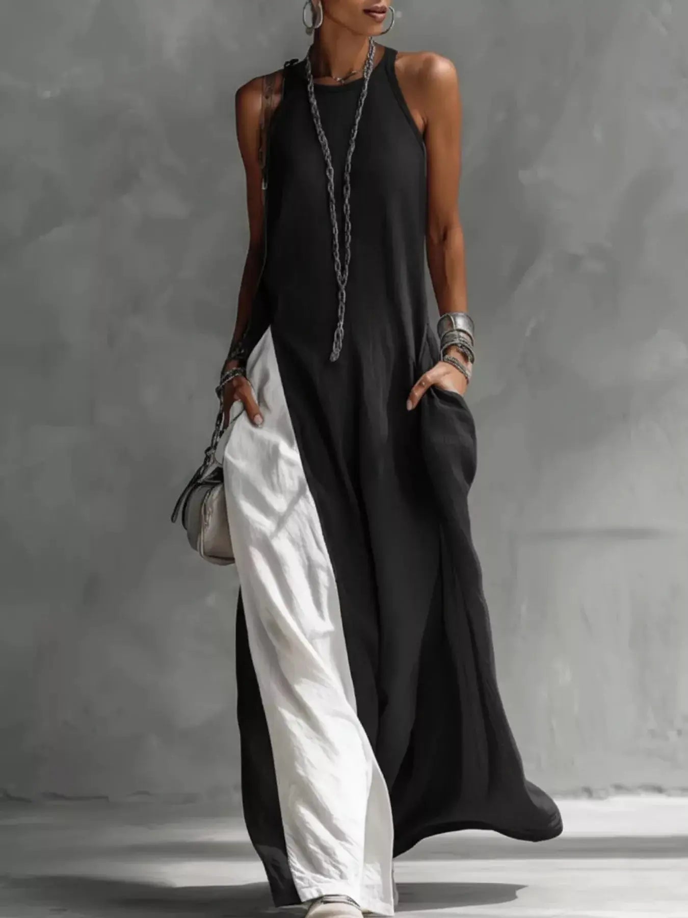 Two-Tone Sleeveless Maxi Dress Trendsi