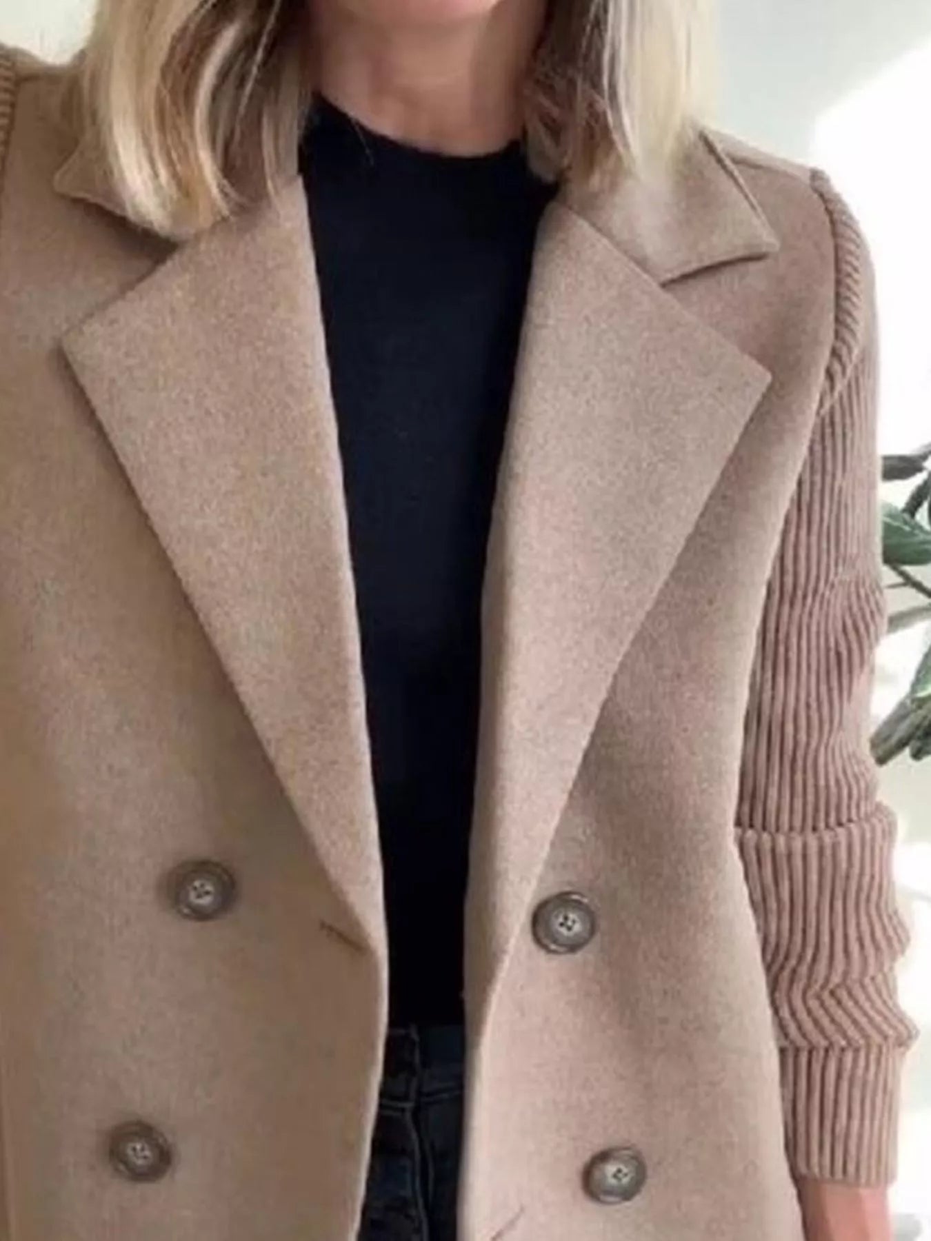 Women's Double-Breasted Jacket with Knit Sleeves