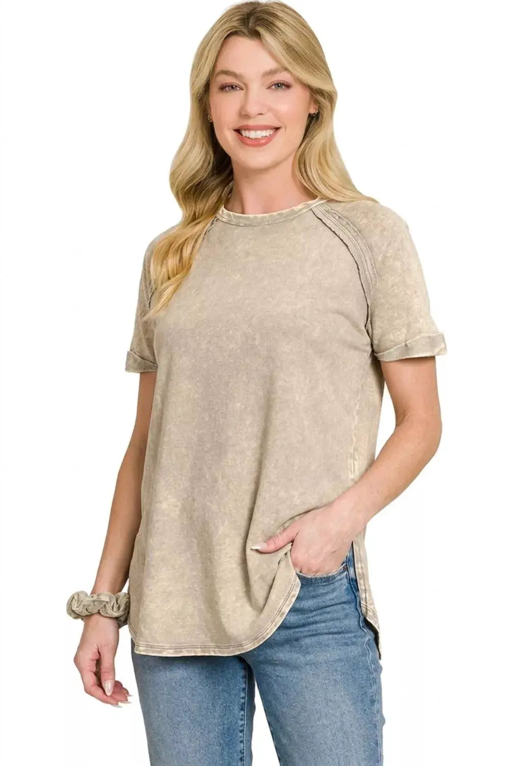 Zenana Washed French Terry Curved Hem Top Relaxed Fit Casual — Parfymia