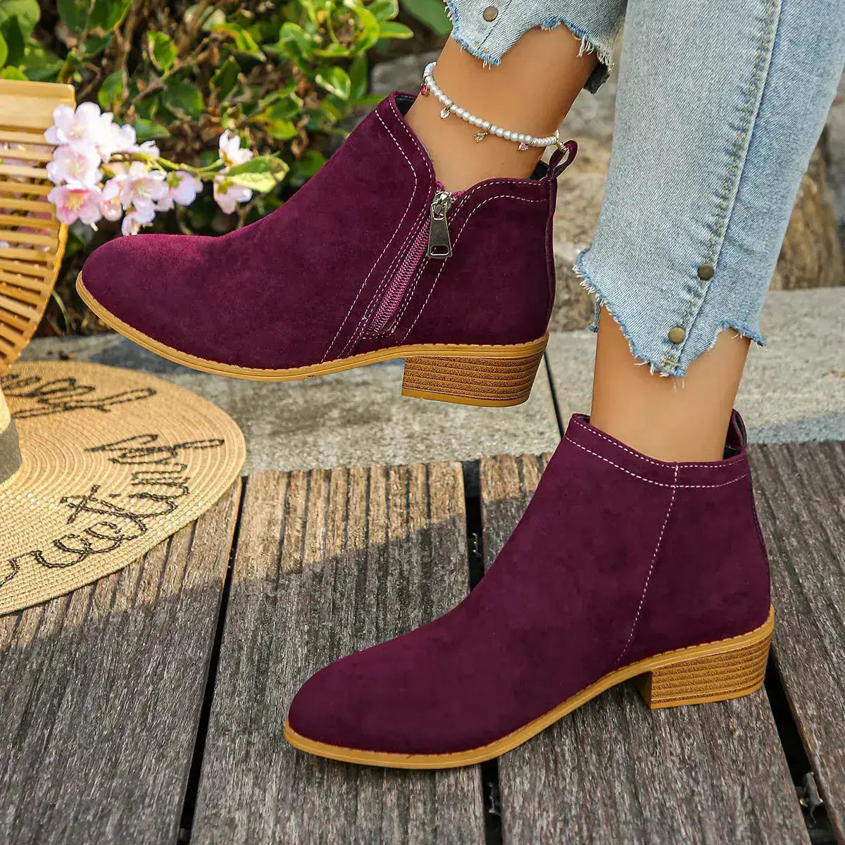 Pointed Toe Block Heel Boots in Suede by Parfymia