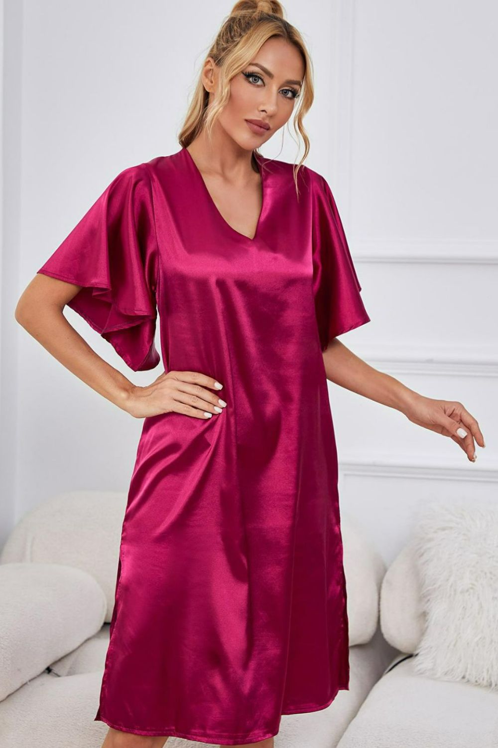 Women's Satin V-Neck Night Dress with Flutter Sleeves
