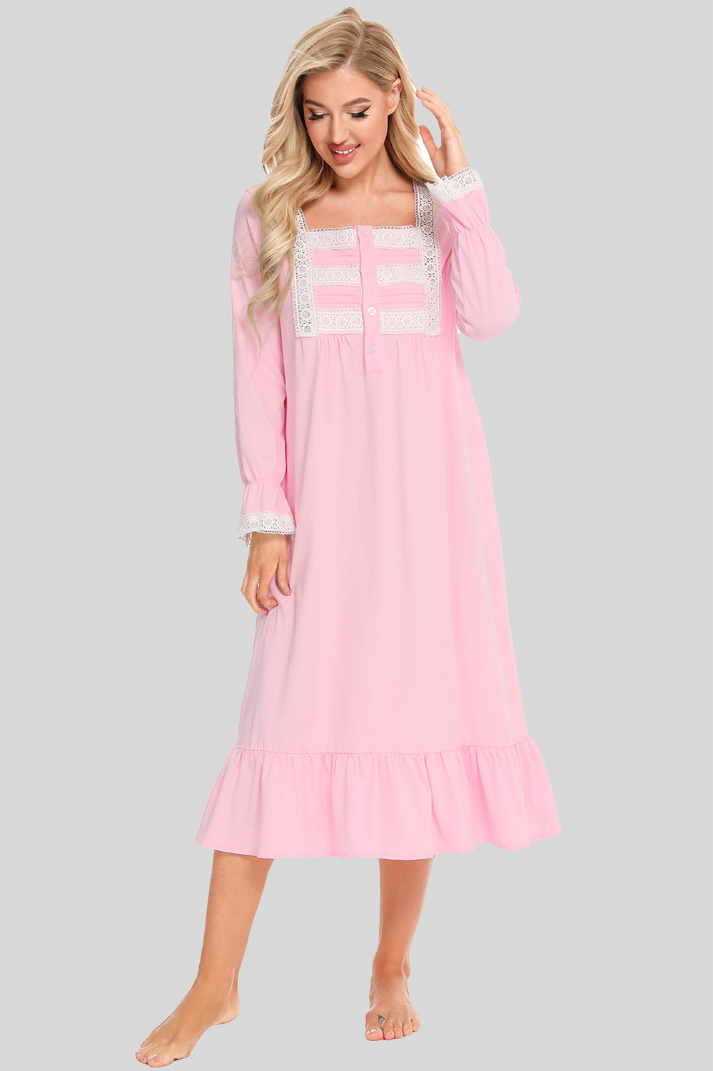 Women's Night Dress – Lace Square Neck Flounce Sleeve