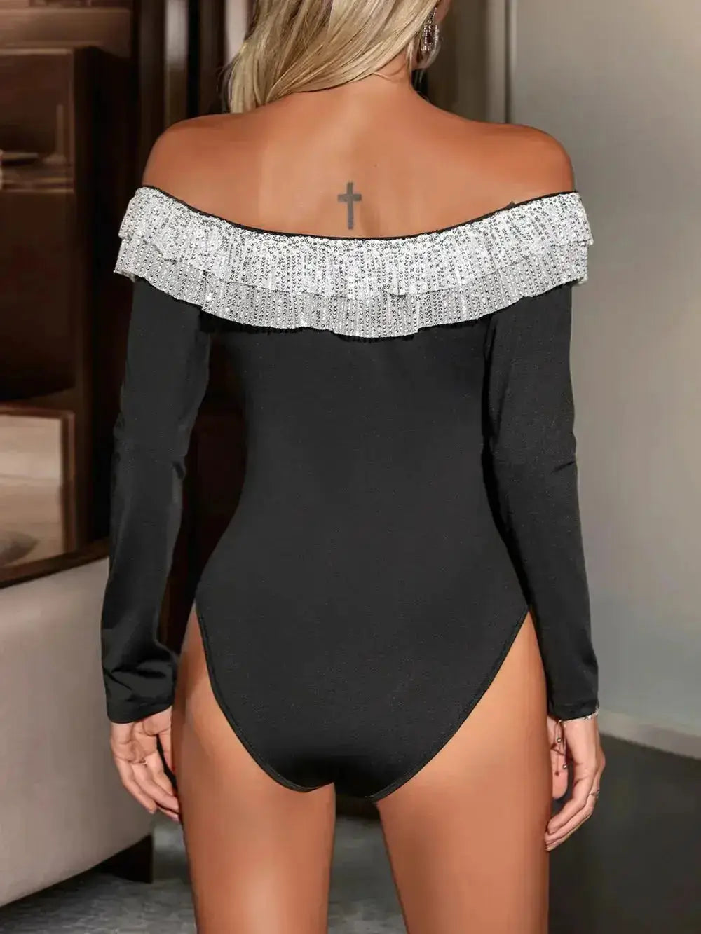 Perfee Sequin Ruffled Off-Shoulder Long Sleeve Bodysuit by Parfymia