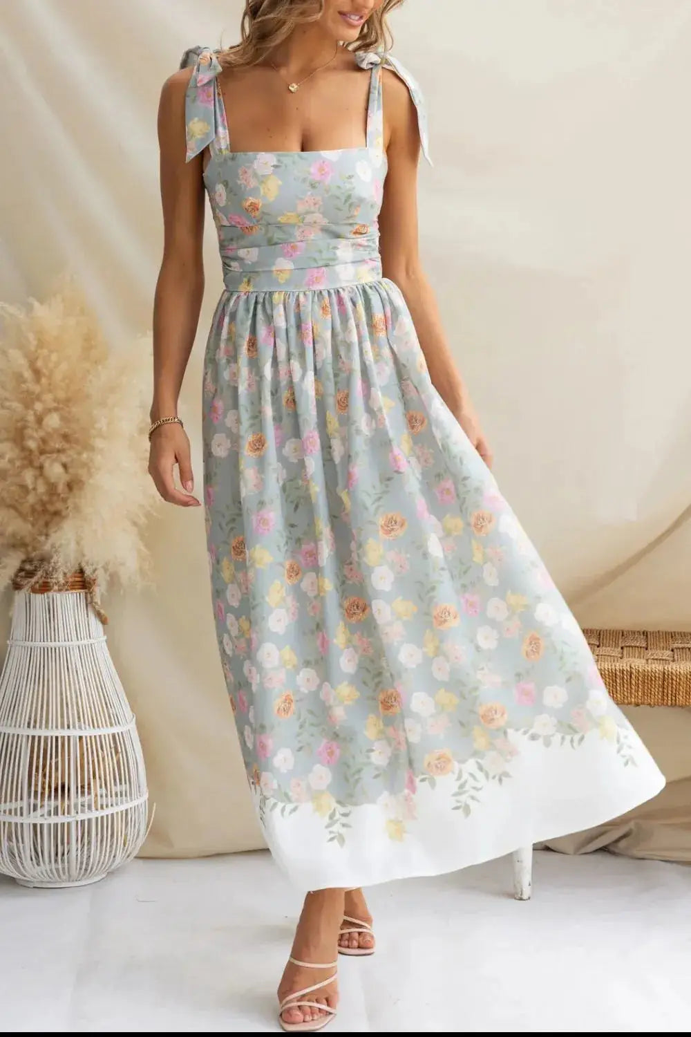 Printed Tie Shoulder Midi Cami Dress Trendsi