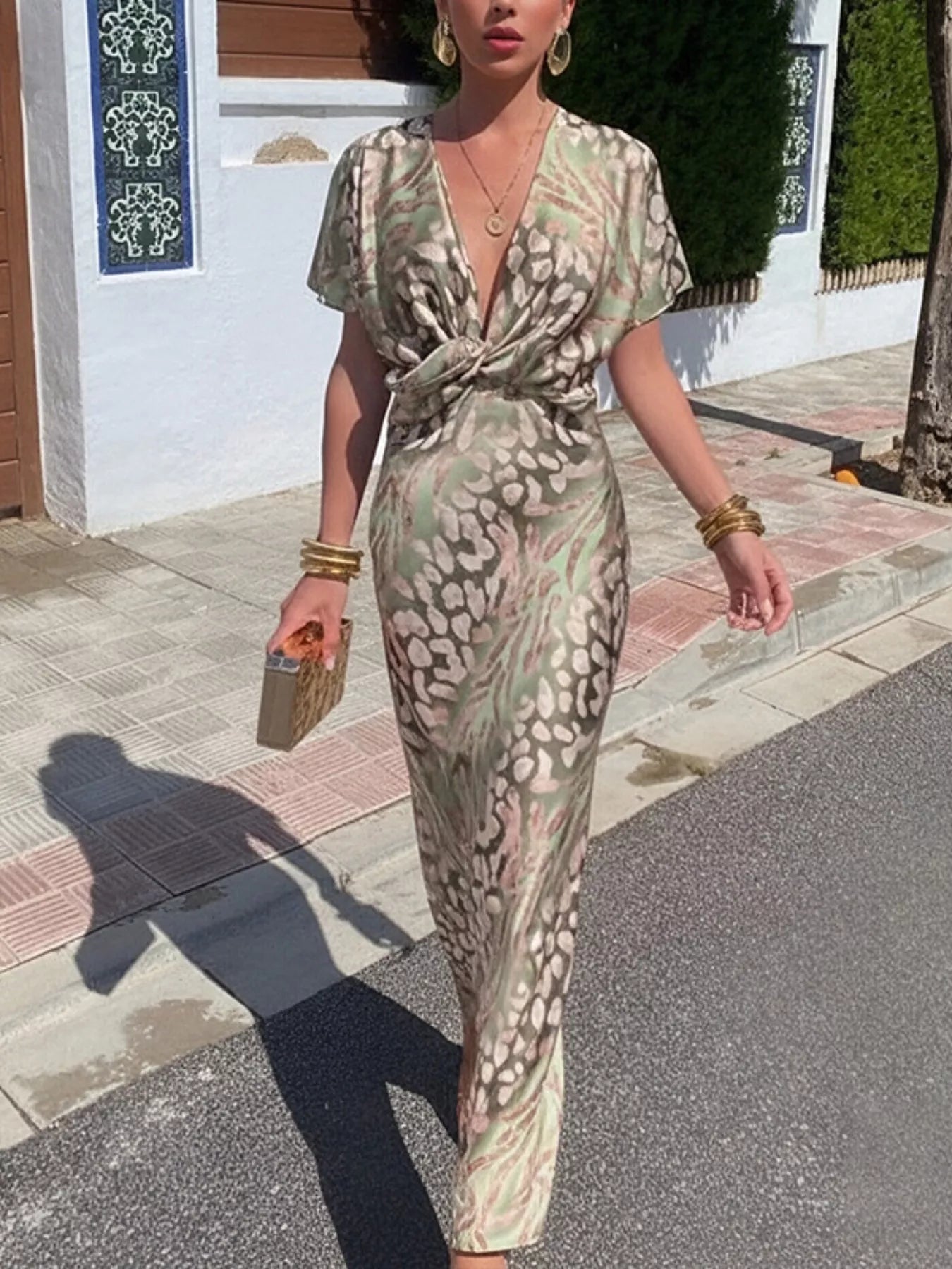 Women's Maxi Dress – Twist-Front Animal Print