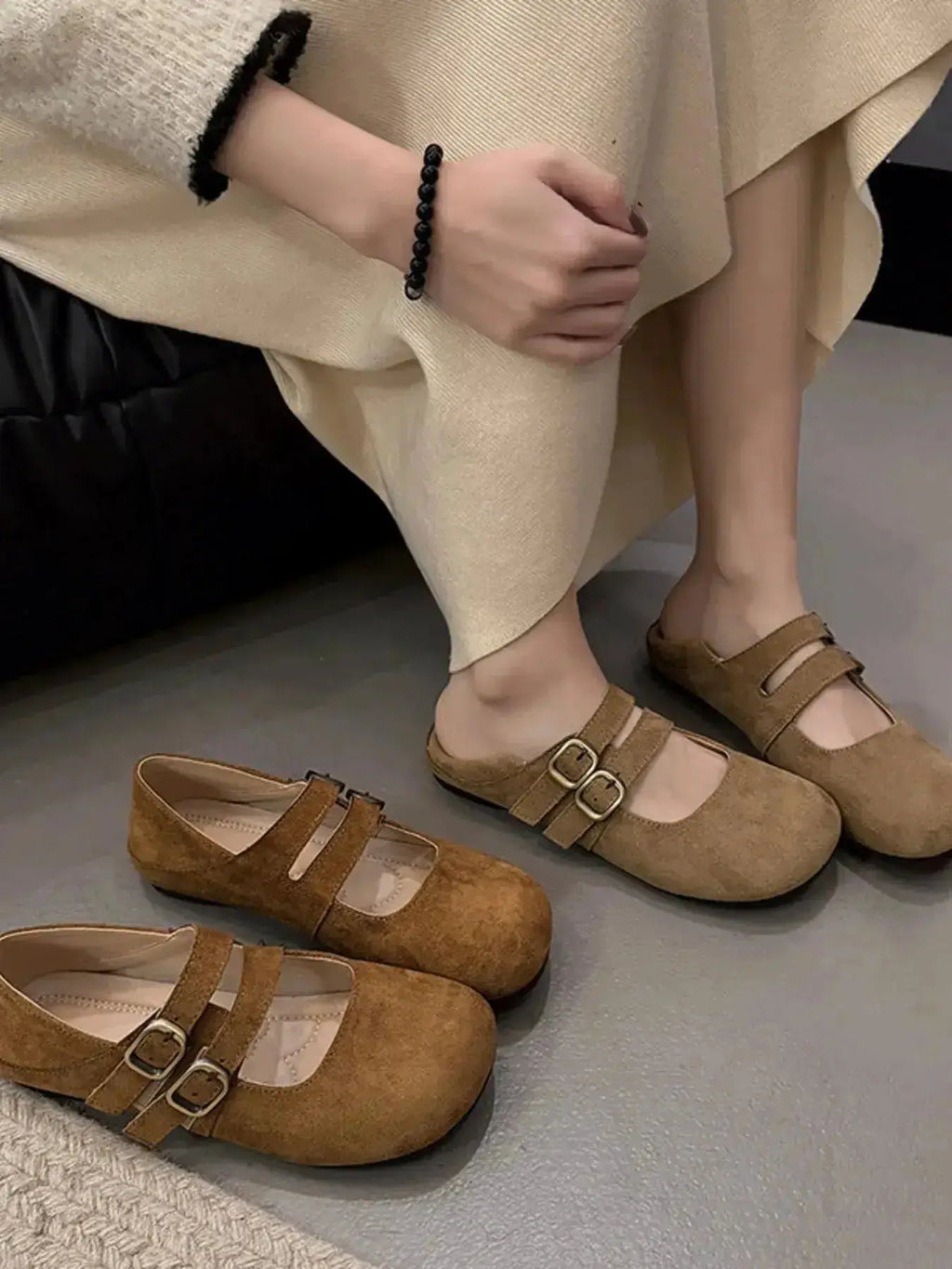 Double Buckle Slip-Ons in PU Leather and Suede by Parfymia