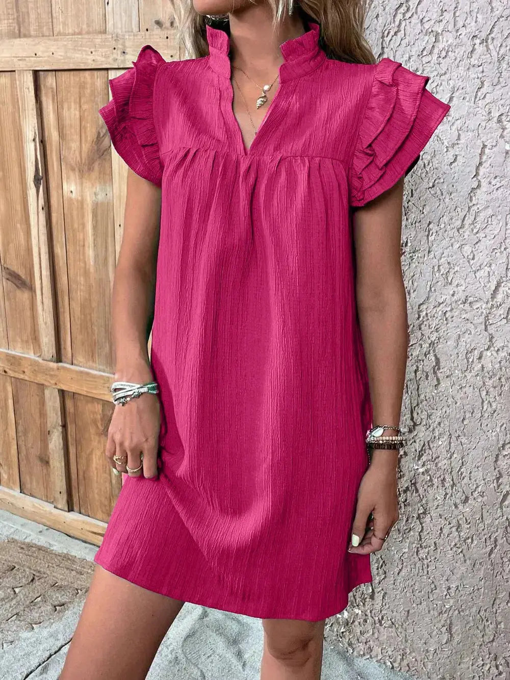 Ruffled Notched Cap Sleeve Mini Dress Trendsi