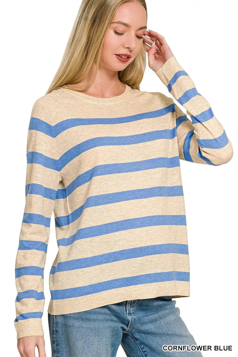 Zenana Lightweight Cornflower Blue Striped Round Neck Wool Blend Sweater — Parfymia