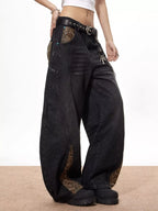 Men's Vintage Wide Leg Jeans with Snake Print