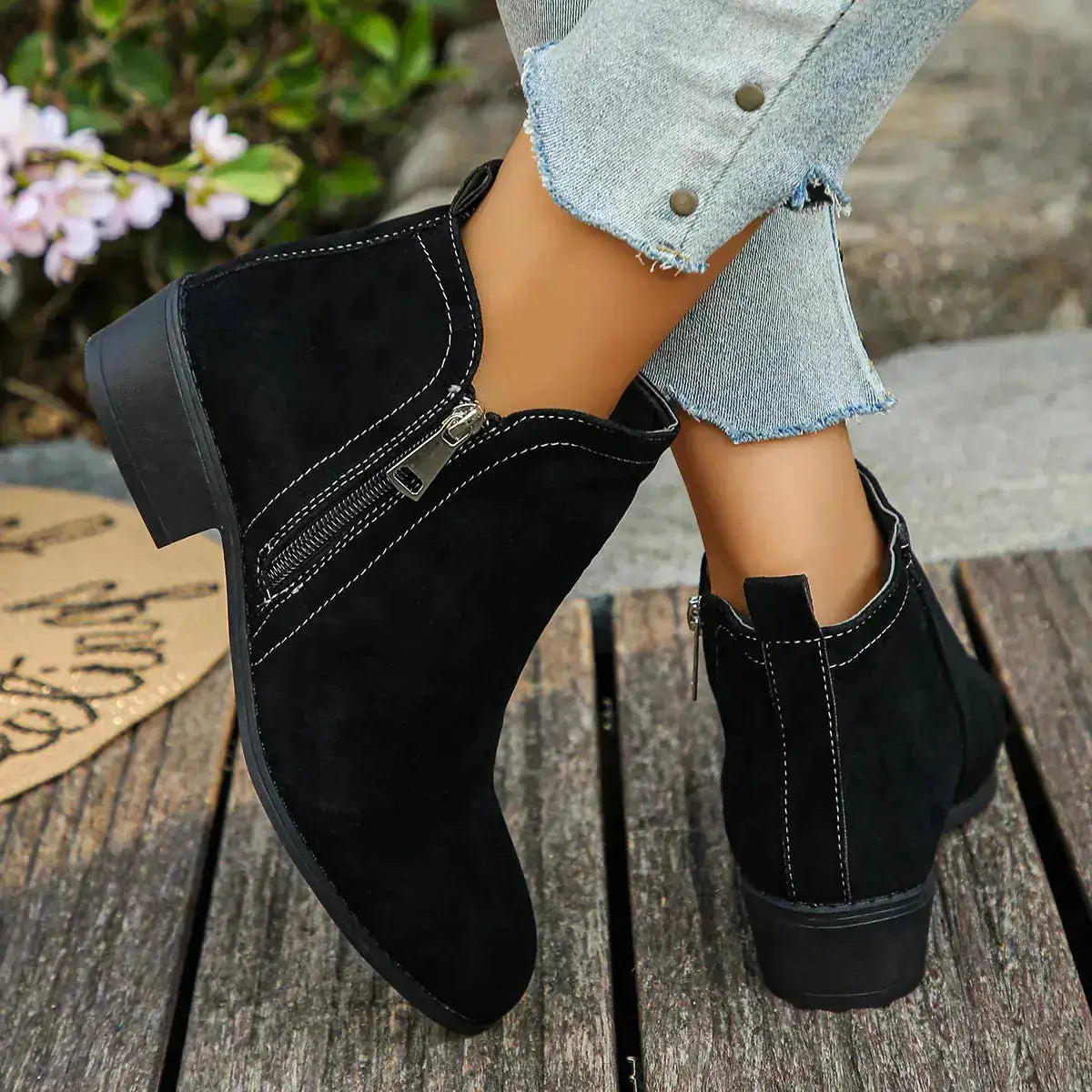Pointed Toe Block Heel Boots in Suede by Parfymia