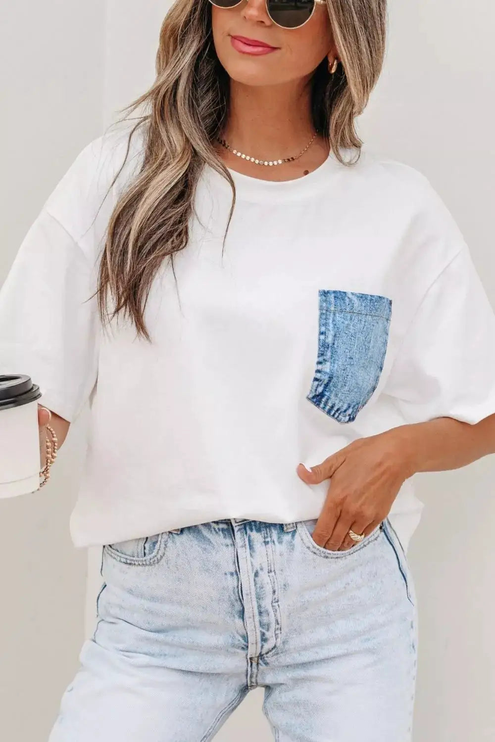 Color Block Chest Pocket Patched Casual Short Sleeve Top by Trendsi