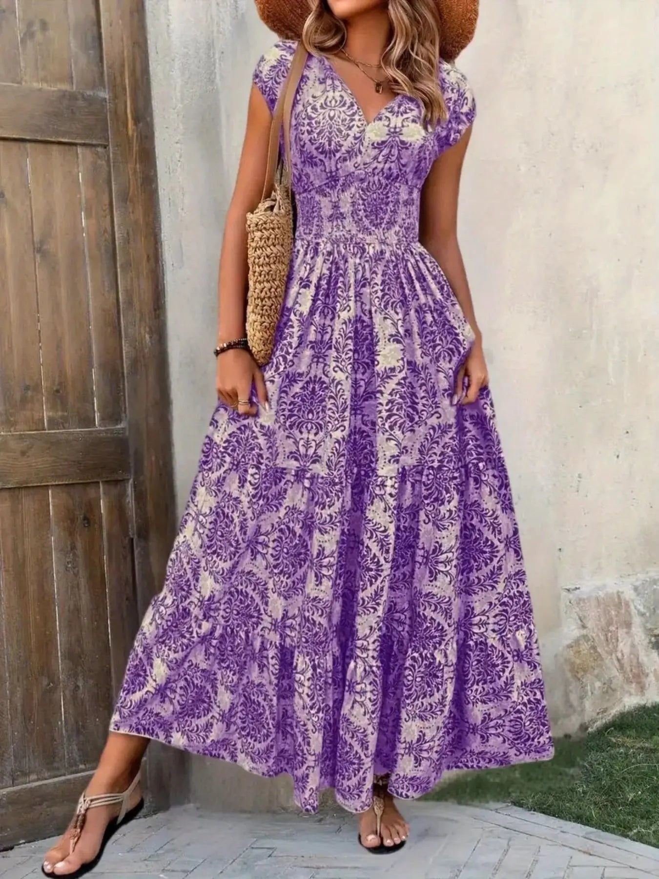Printed Cap Sleeve Maxi Dress Trendsi