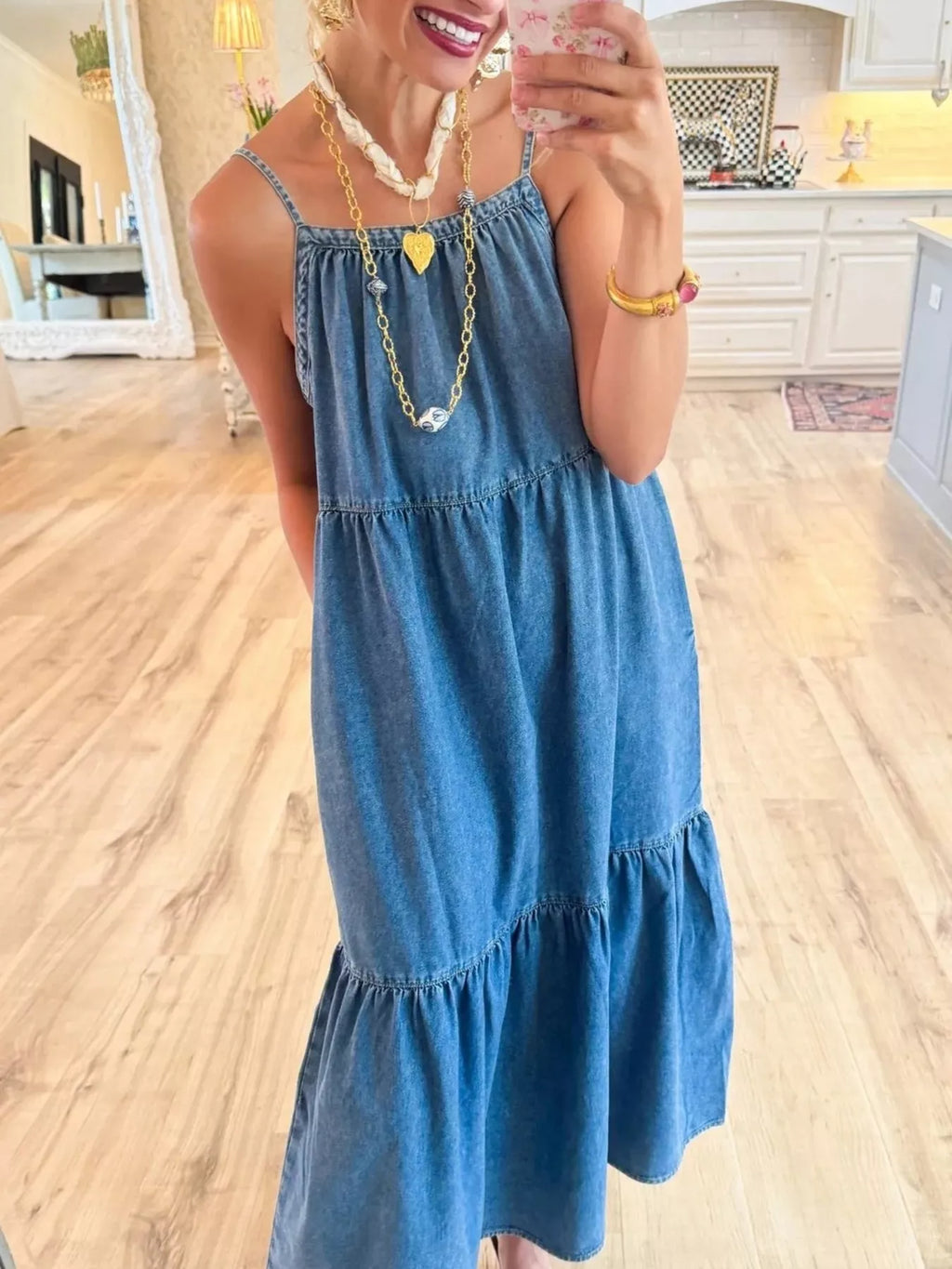 Women's Denim Dress – Tiered Ruffle Midi