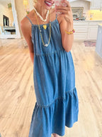 Women's Denim Dress – Tiered Ruffle Midi