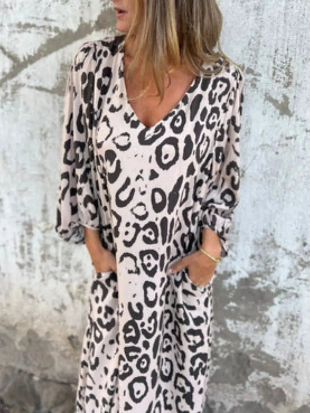 Full Size Printed V-Neck Dress with Pockets Plus Size Trendsi