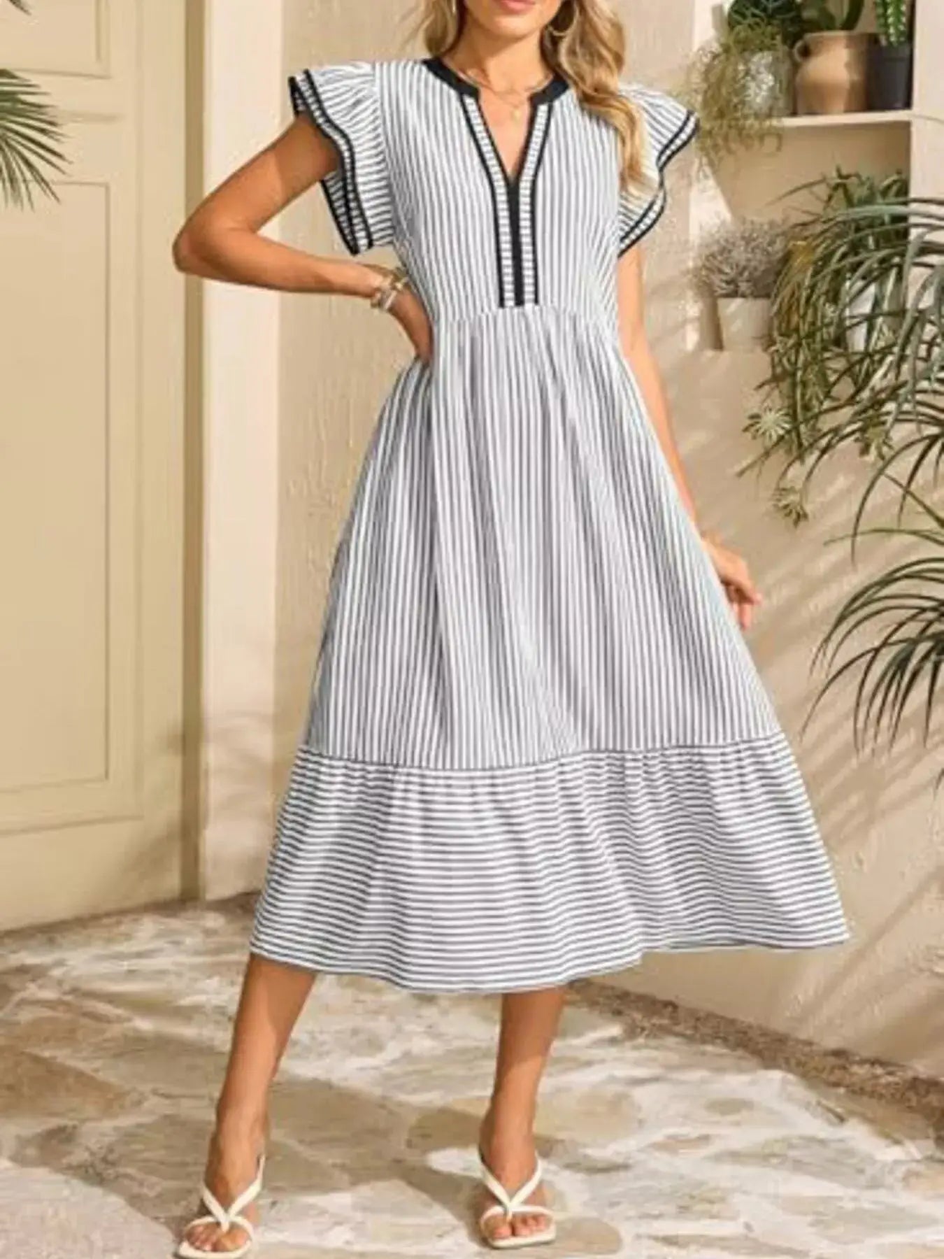 Striped Notched Ruffle Sleeve Dress Trendsi
