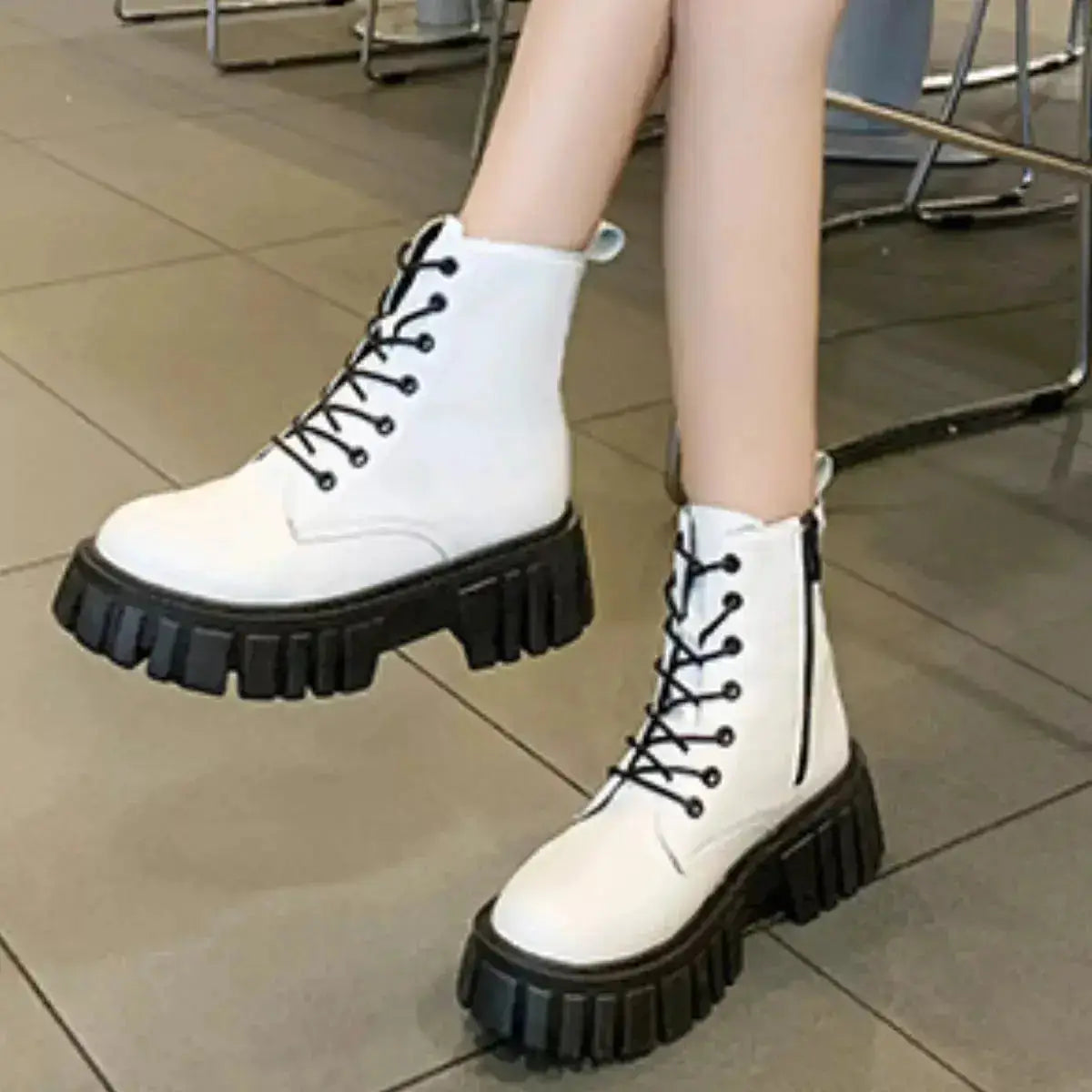 PU Leather Chunky Heel Lace-Up Boots by Parfymia