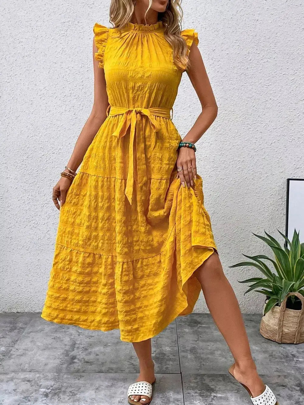 Tied Ruffled Cap Sleeve Midi Dress Trendsi