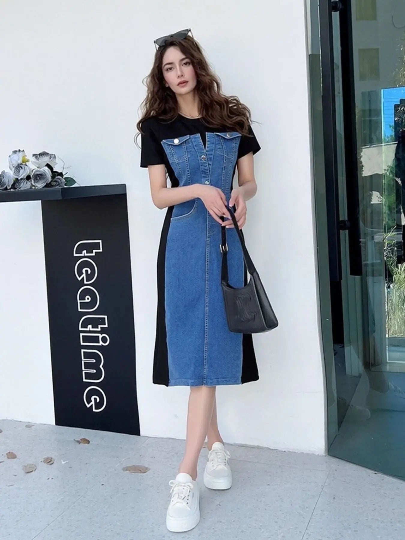 Full Size Denim Patchwork Short Sleeve Slit Back Dress Plus Size Trendsi