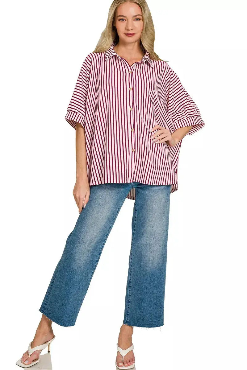 Zenana Oversized Stripe Button Down Shirt by Trendsi