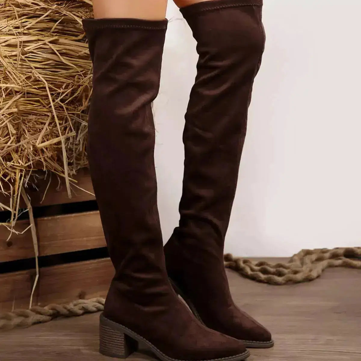 PU Leather Point Toe Block Heels Boots by Parfymia
