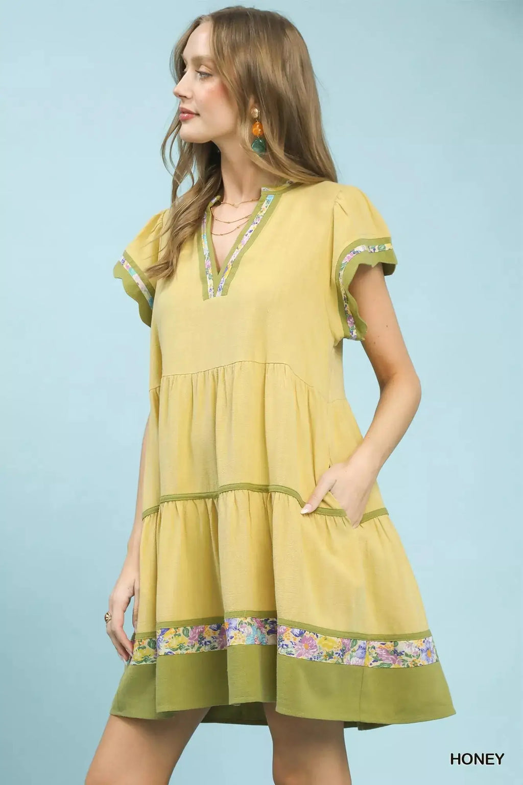 Umgee Linen Tiered Flutter Sleeve Dress with Floral Trim Trendsi
