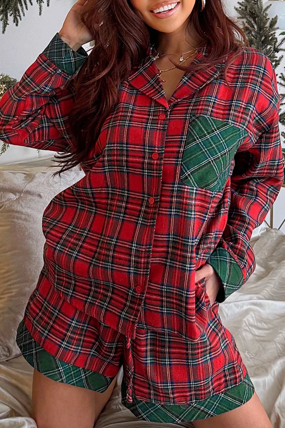 Women's Loungewear Plaid Contrast Patch Pajama Set