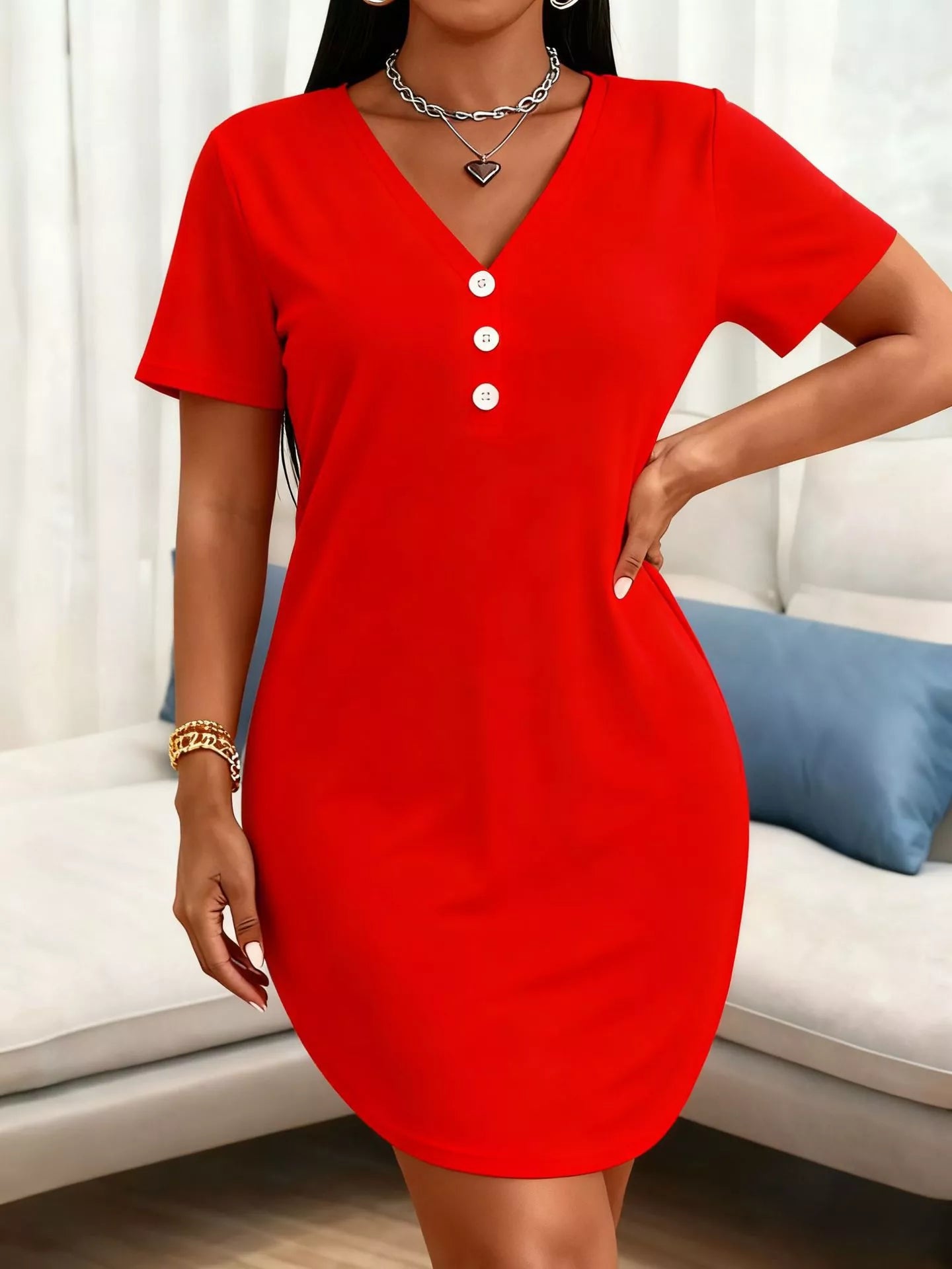 Women's Plus Size V-Neck Button Dress