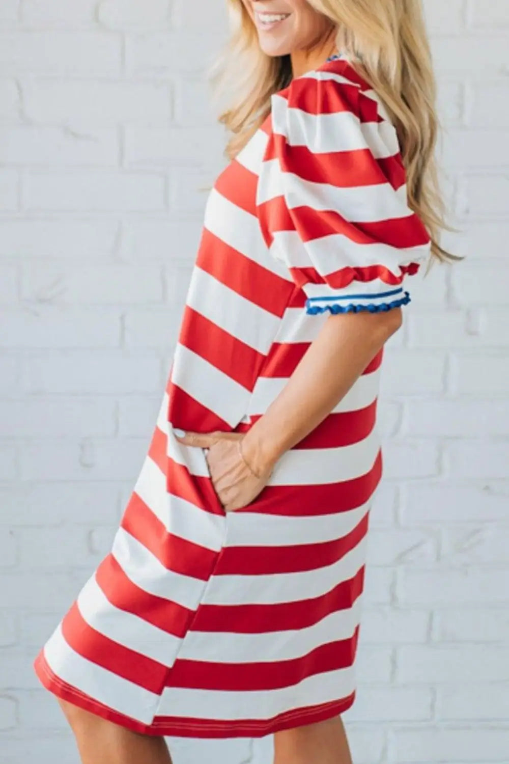 Striped Puff Sleeve Casual Mini Dress Trendsi