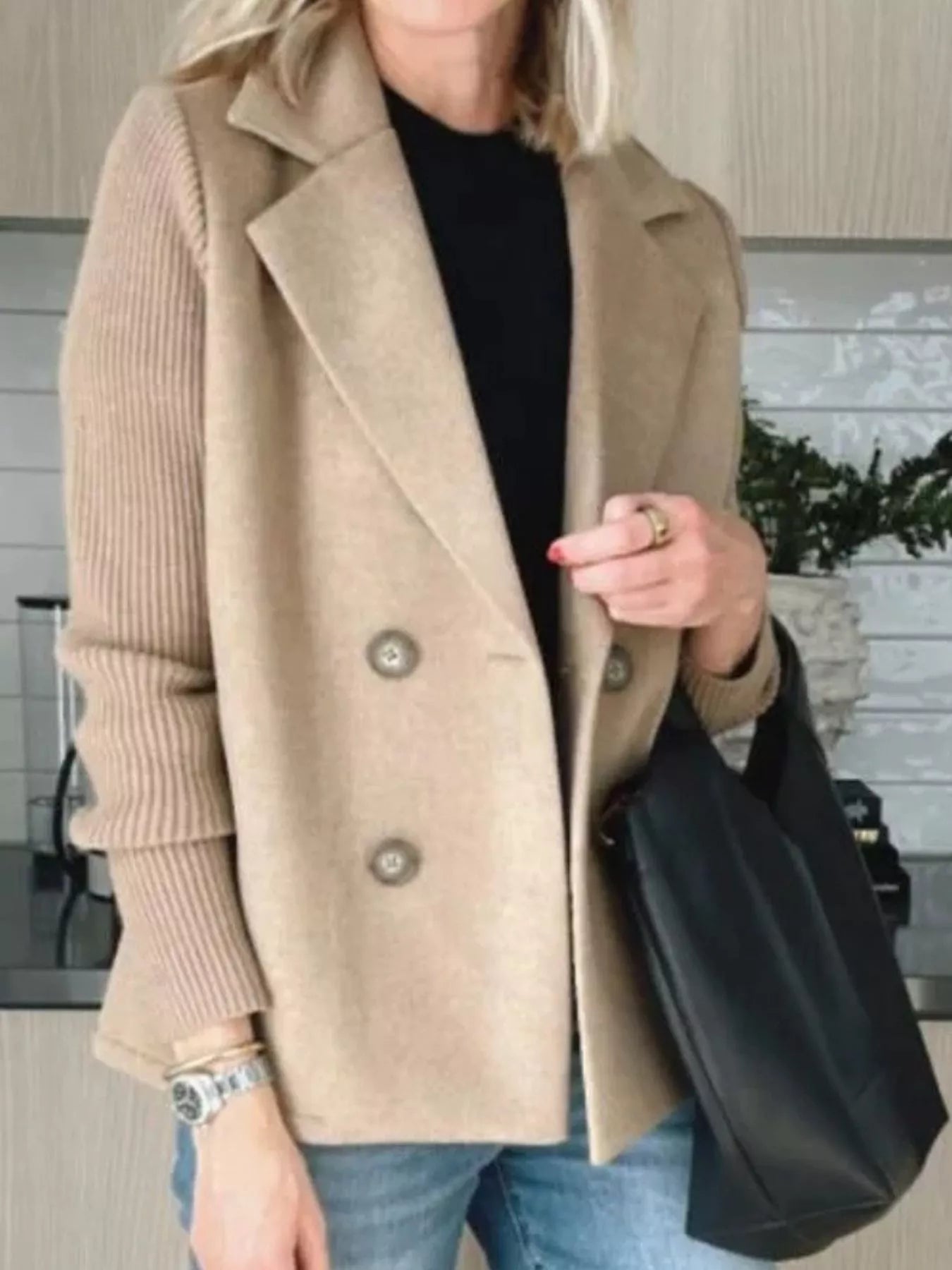 Women's Double-Breasted Jacket with Knit Sleeves